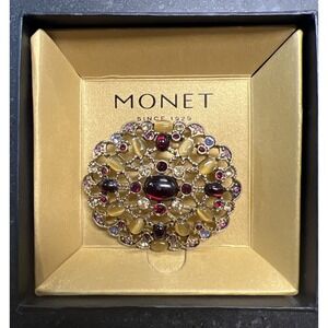New in Box Monet Red Cabochon‎ Tiger Eye Rhinestone Brooch Goldtone